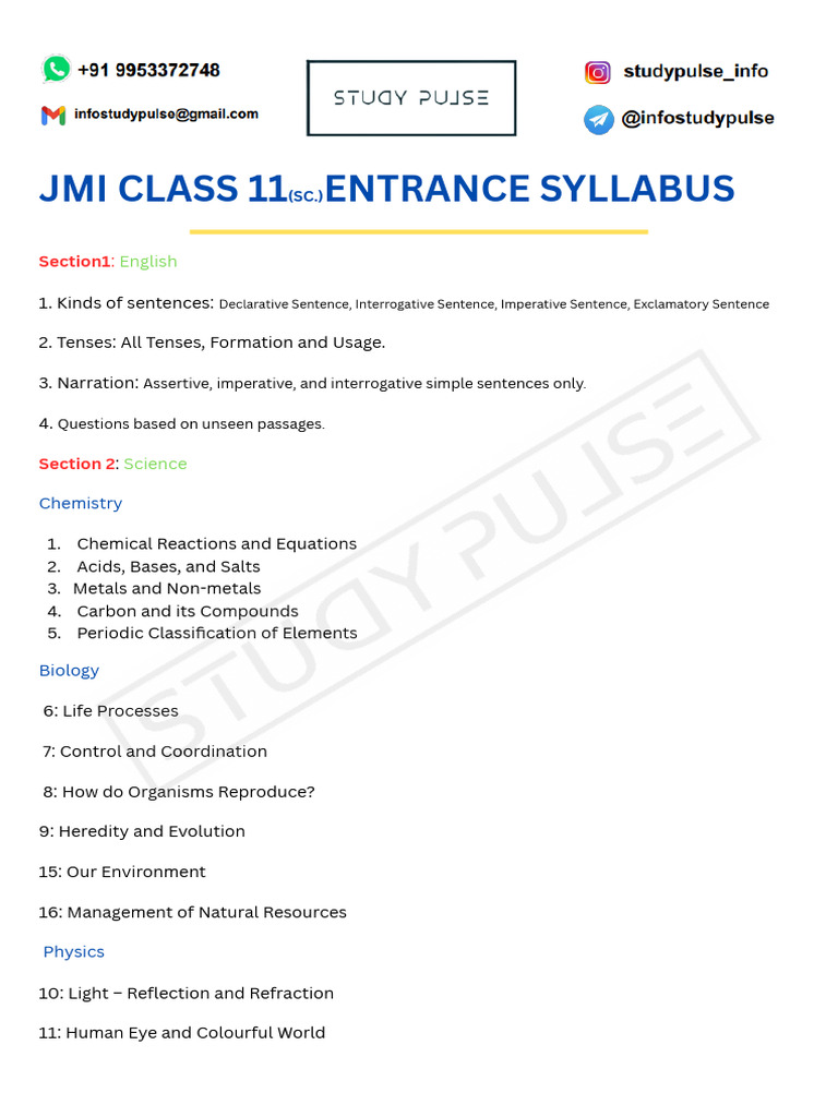 Jmi Class 11 Science Entrance Syllabus | PDF