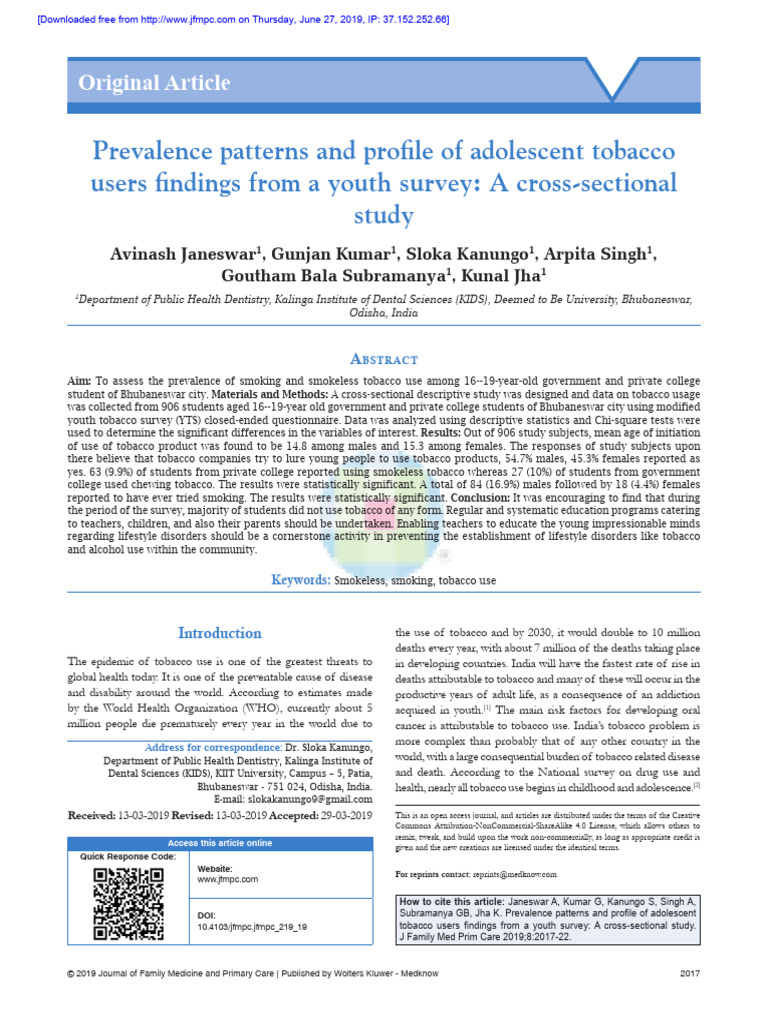 Prevalence Patterns and Profile of Adolescent Toba | PDF
