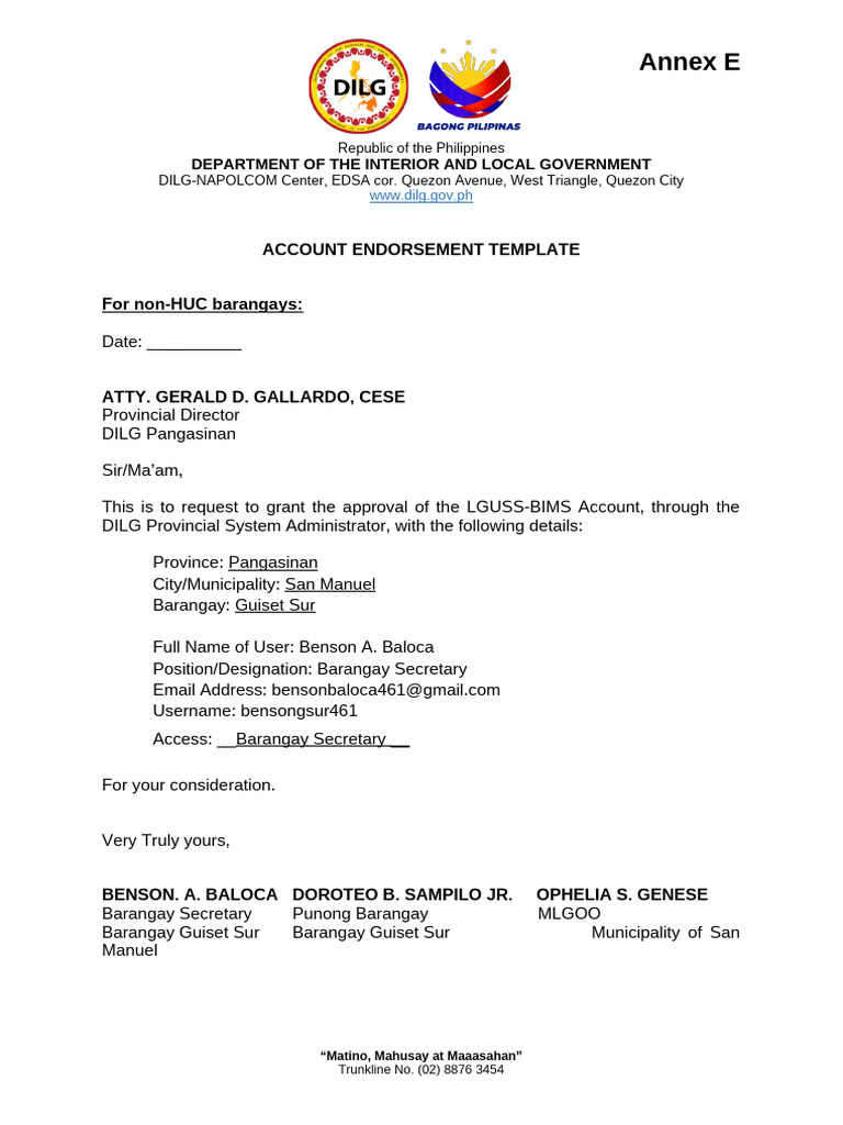 Annex E Account Endorsement Template 2 | PDF | Economy Of The ...