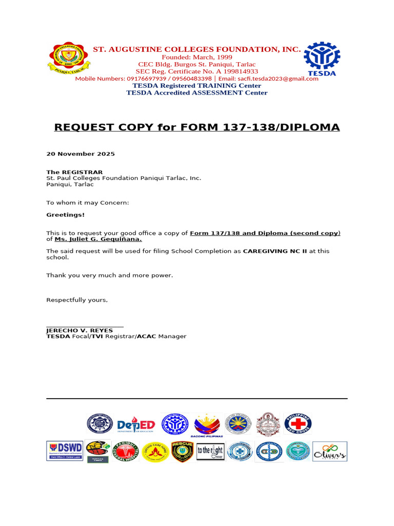 Request Letter For Form 137-138 and Diploma Second | PDF | Vocational ...