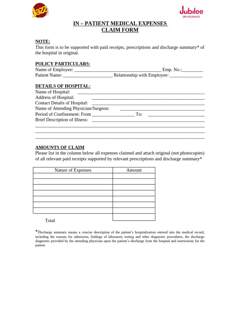 InPatient Claim Form - Jubilee Life Insurance | PDF | Patient | Hospital