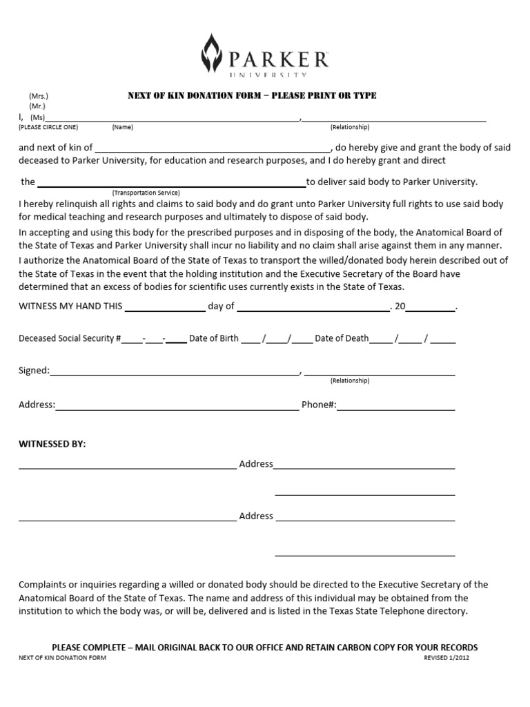Anatomical Gift Next of Kin Form | PDF | Justice | Crime & Violence