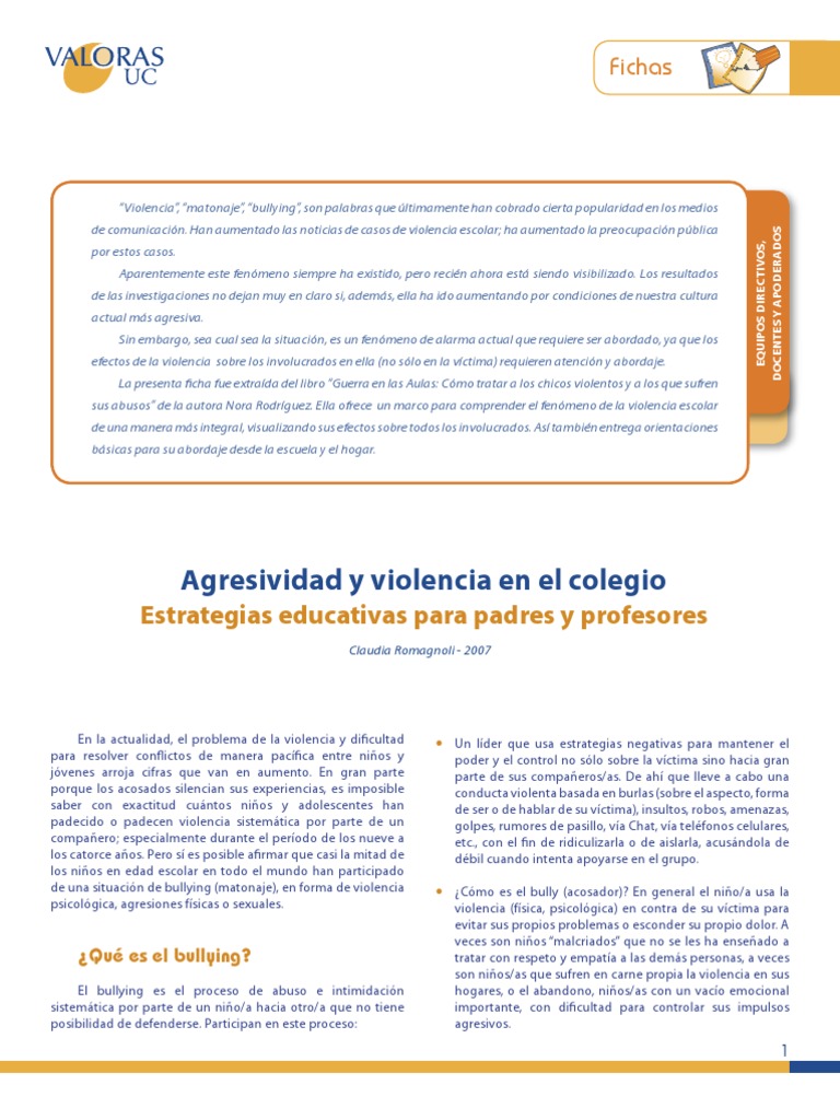 Agresividad y Violencia en El Colegio | PDF | Conceptos psicologicos ...