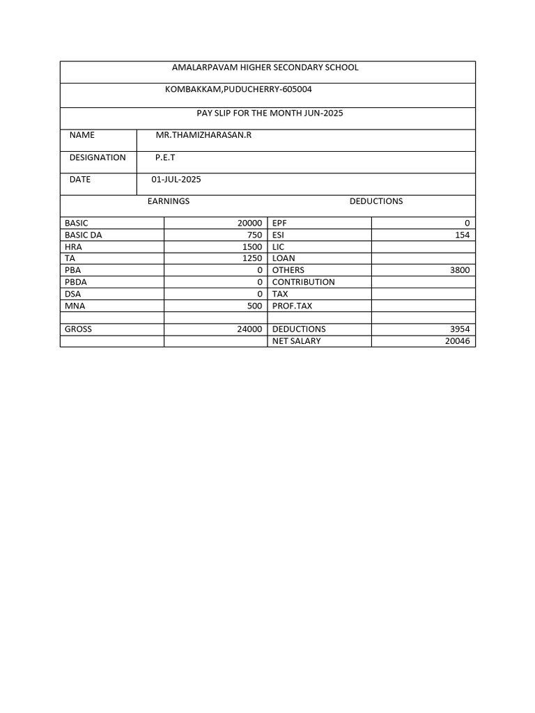 Thamizharasan June Pay Slip | PDF