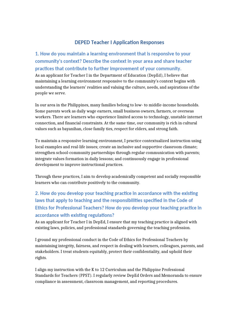 DEPED Teacher I All Application Responses | PDF | Teachers | Learning