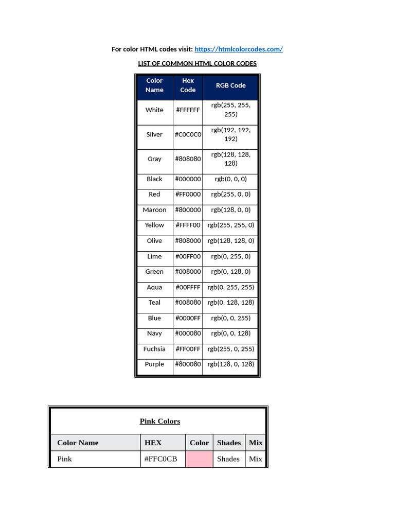 For Color HTML Codes Visit | PDF | Rgb Color Model | Color