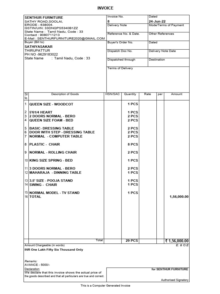 Senthur Furniture BILL NO 8 | PDF