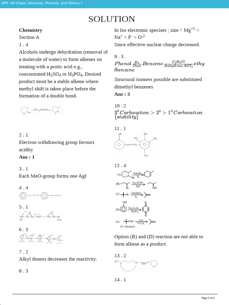 DPP - 09 Chem (Alcohols, Phenols, and Ethers) Sol | PDF | Ether | Phenols