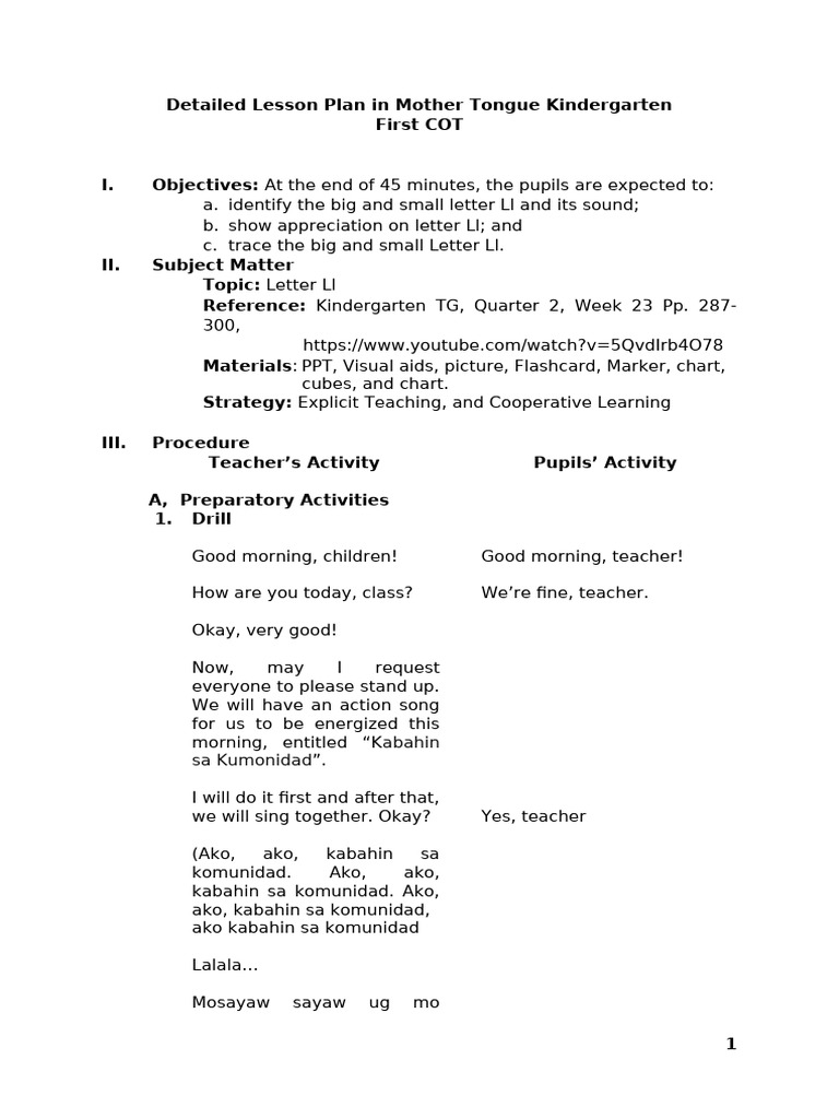 Letter LL Detailed Lesson Plan Kindergarten | PDF | Learning | Teaching