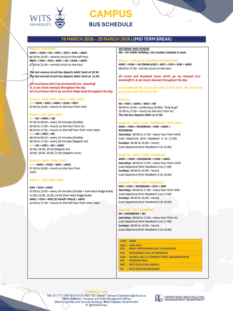 Mid-Term Vacation Campus Bus Schedule - 19 March - 29 March 2026 | PDF ...