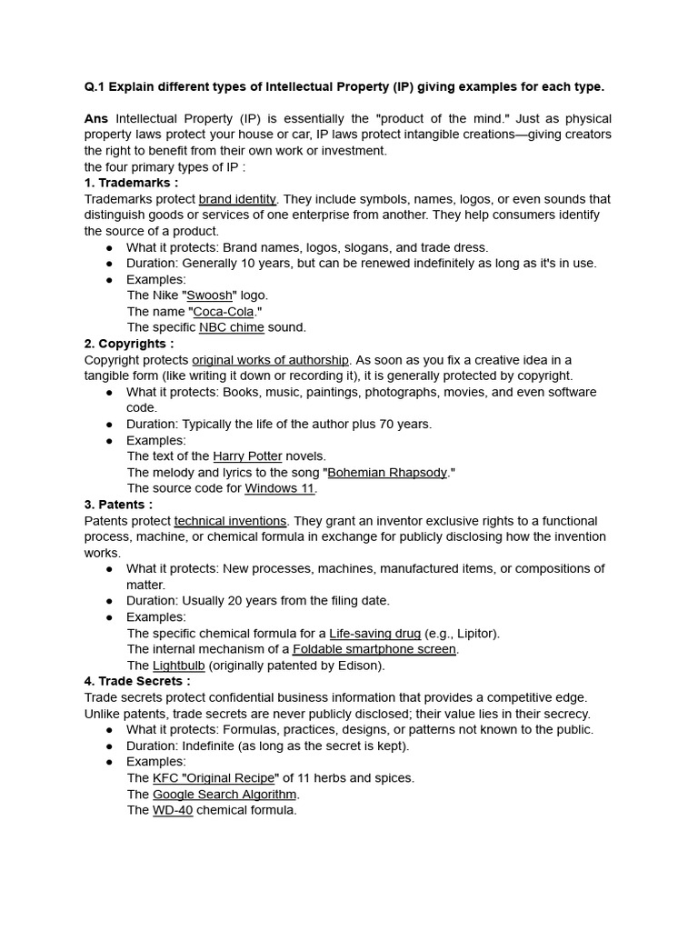 Q.1 Explain Different Types of Intellectual Property (IP) Giving ...