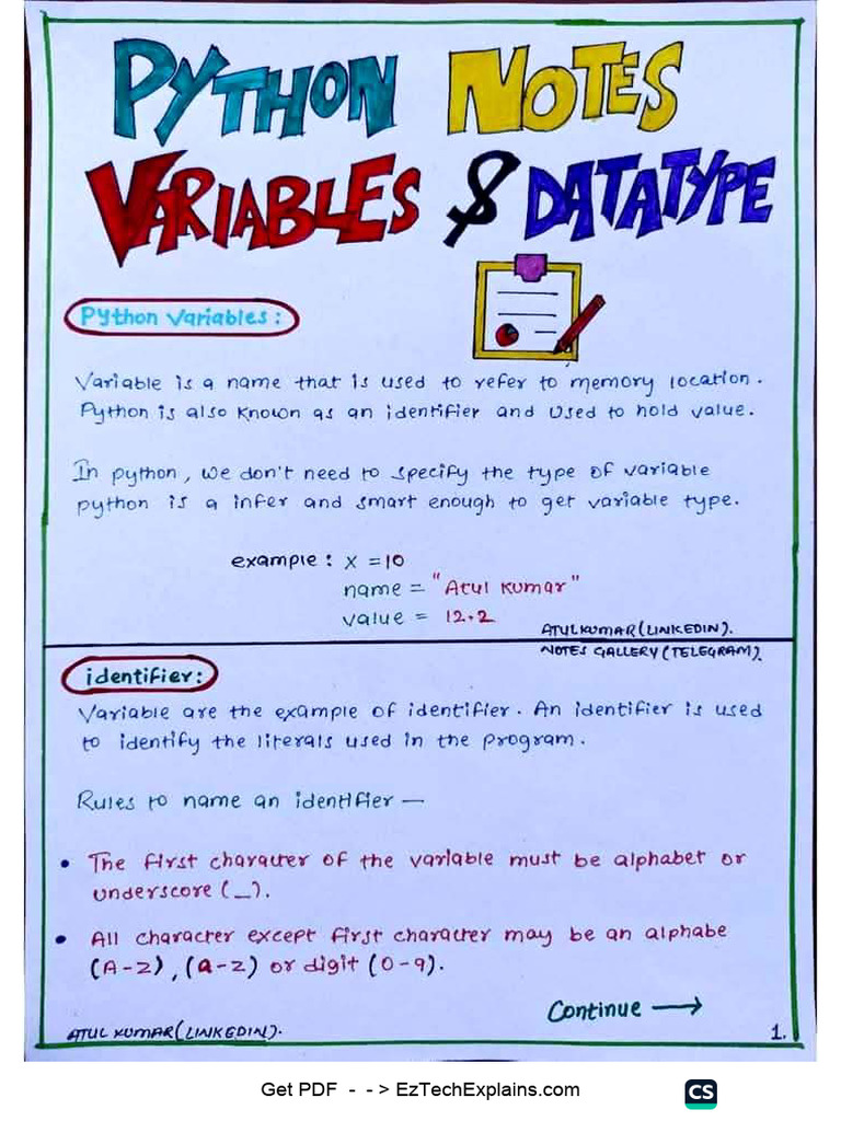 Python Basic Handwritten Notes - Variables & Data Types | PDF