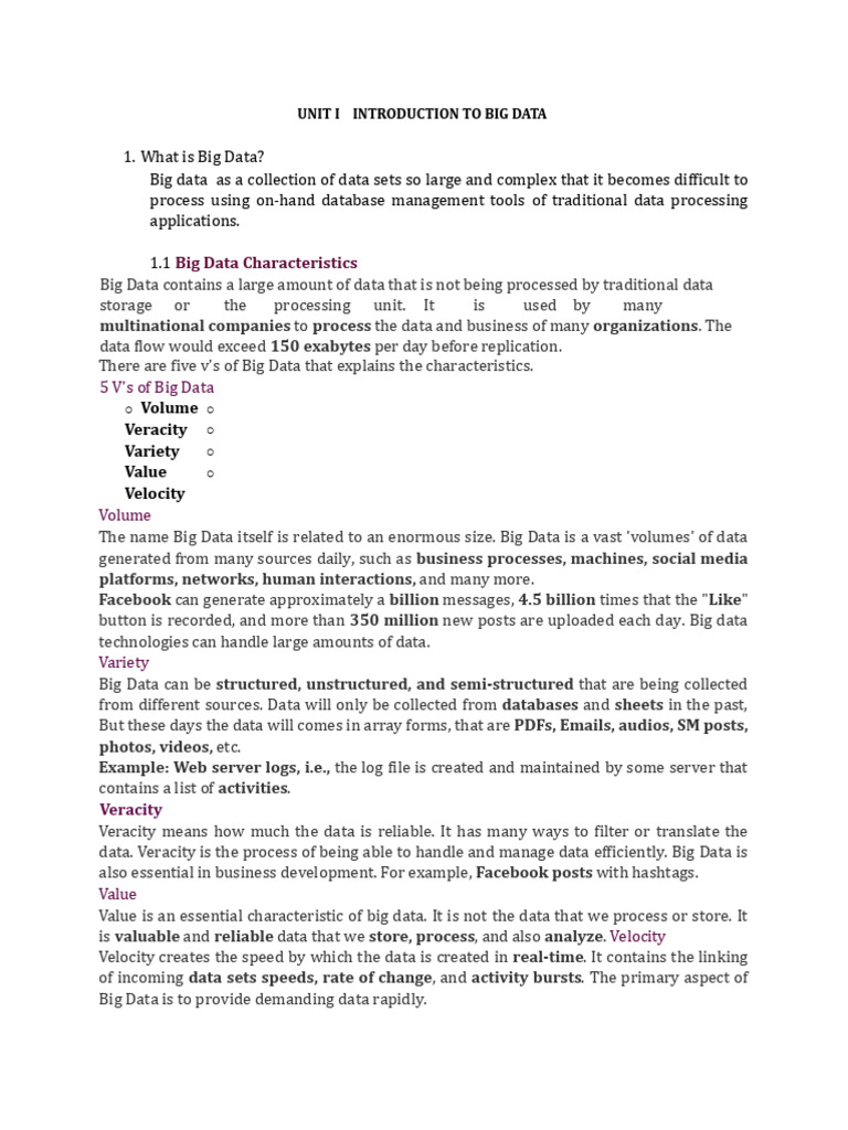 Unit I Introduction To Big Data | PDF | Big Data | Apache Hadoop