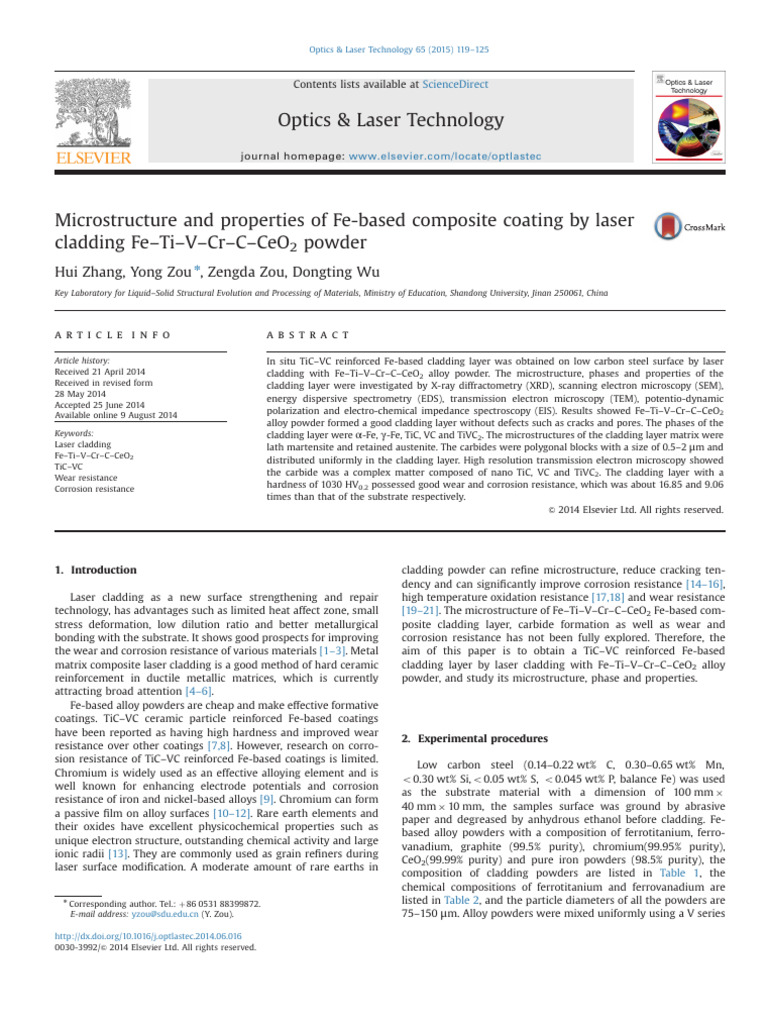 Microstructure and Properties of Fe Based Composite Coating by Laser ...