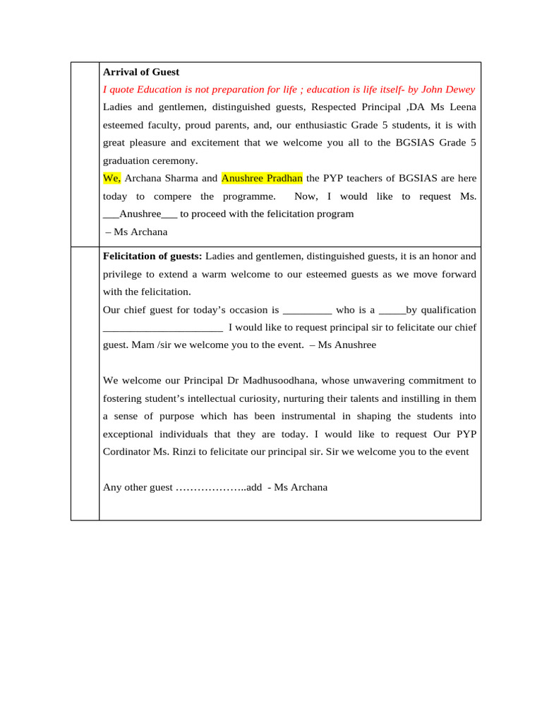PYP - Graduation Day - MC - Script 2024-25 | PDF