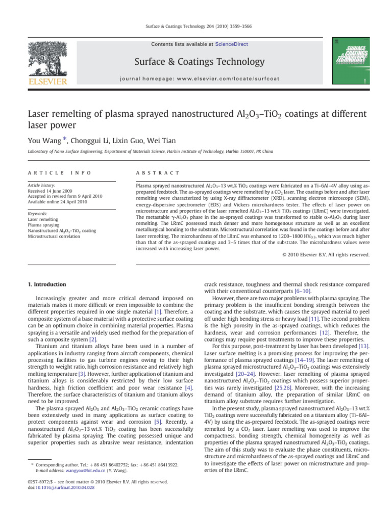 Laser Remelting of Plasma Sprayed Nanostructured Al2O3 TiO2 Coatings at ...