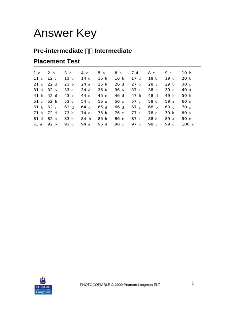 Pre-Intermediate Intermediate Placement Test Key | PDF