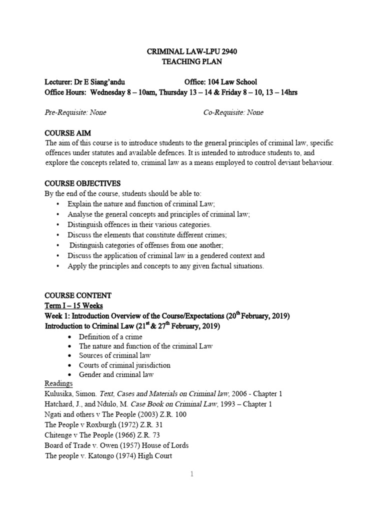 Criminal Law Teaching Plan | PDF