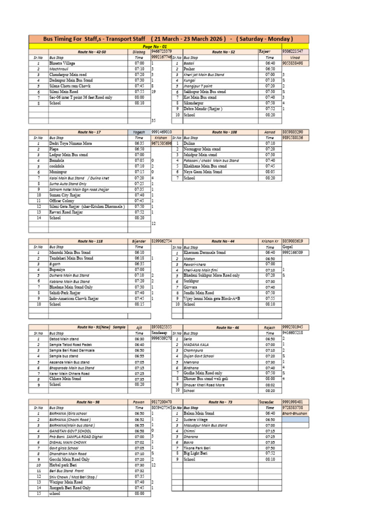 Bus Timing Staff & Transport Staff - 21-03-2026 (Sat+Mon) | PDF | Bus ...