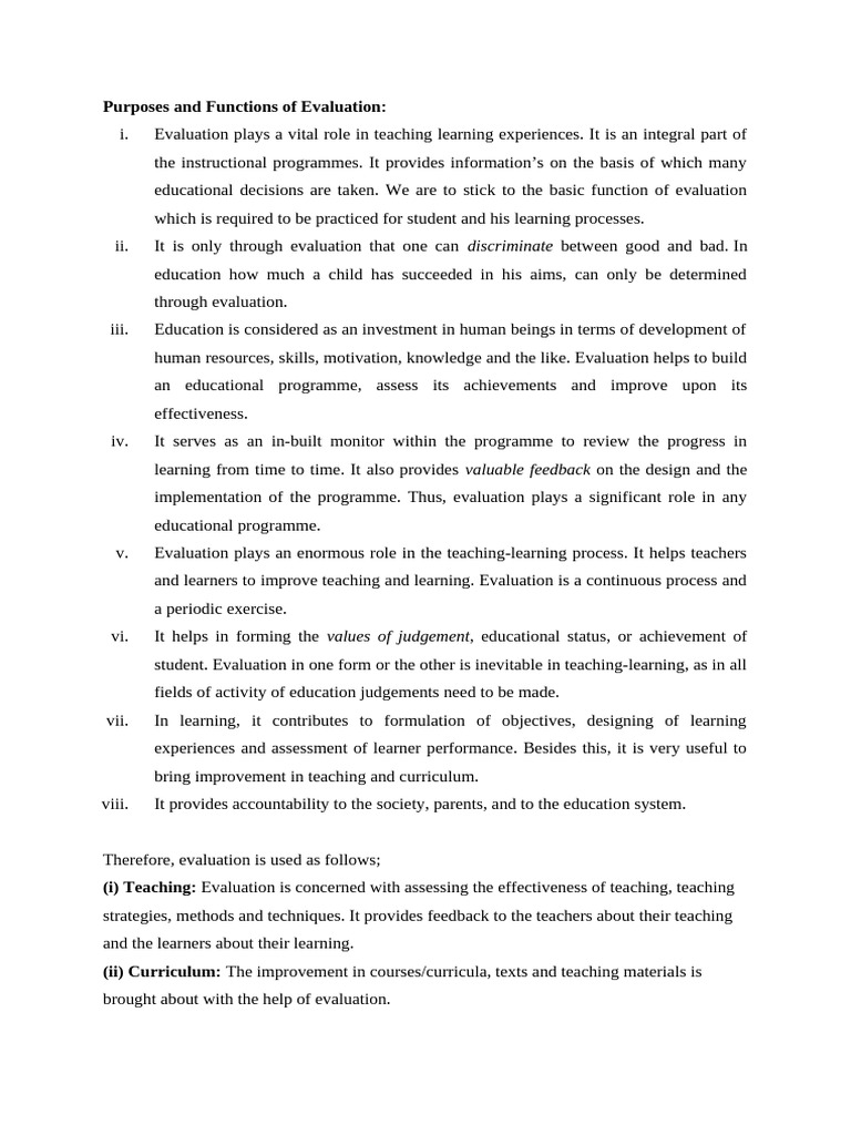 Uses of Evaluation | PDF | Learning | Curriculum