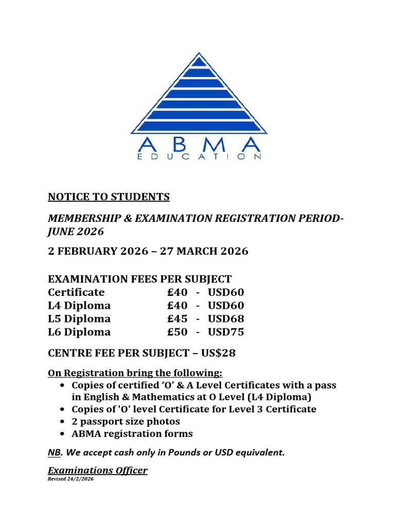 Abma Exam Fees June 2026 | PDF