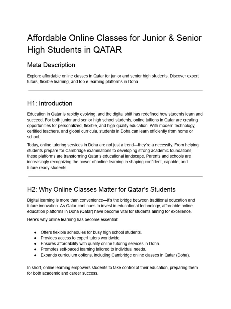 Affordable Online Classes For Junior & Senior High Students in QATAR ...