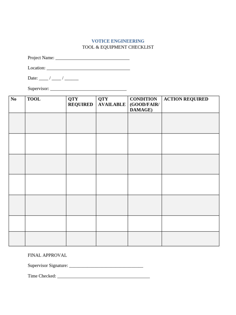 MACENGINES Daily Tool Checklist Template | PDF
