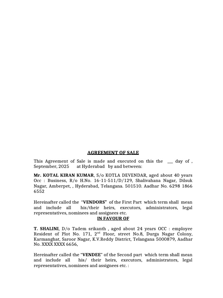 AGREEMENT of SALE Siva Kumar Plot No 255 | PDF | Property Law | Common Law