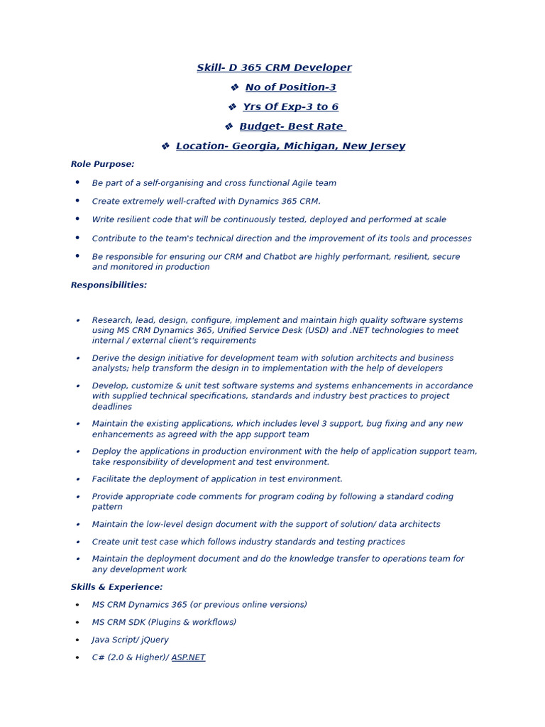 JD - D 365 CRM Developer | PDF | Microsoft Sql Server | Systems Engineering