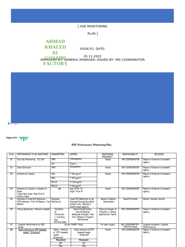 HSE - Monitoring - Plan AL GOSAIBI AGI | PDF | Magnesium | Emergency ...
