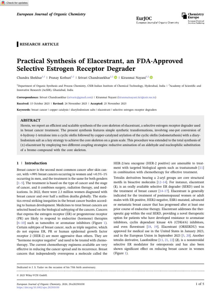 Eur J Org Chem - 2025 - Shekhar - Practical Synthesis of Elacestrant An ...