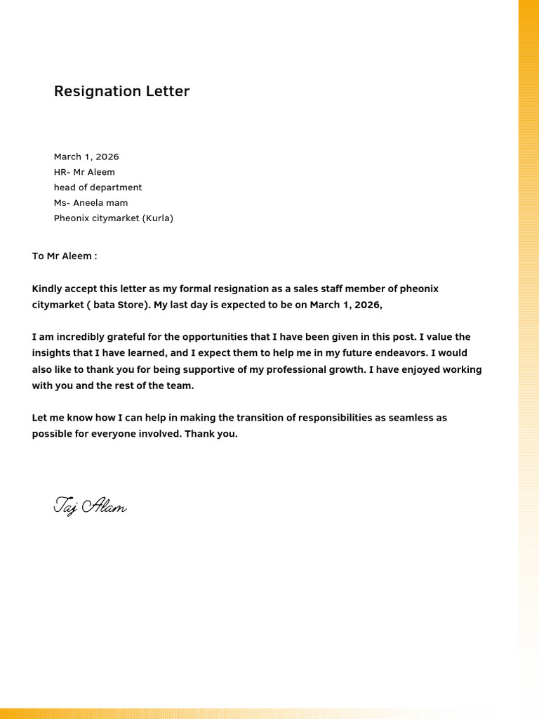 Yellow White Professional Gradient Sample Resignation Letter | PDF