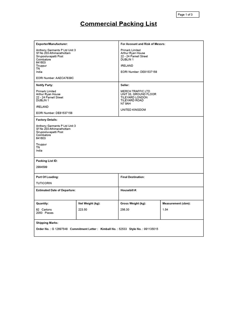 Commercial Packing List | PDF