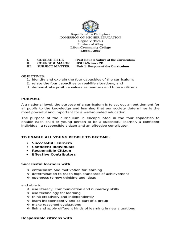 EVANGELISTA JAMES N. Handsout Prof Ed 4 Nature of Curriculum | PDF ...