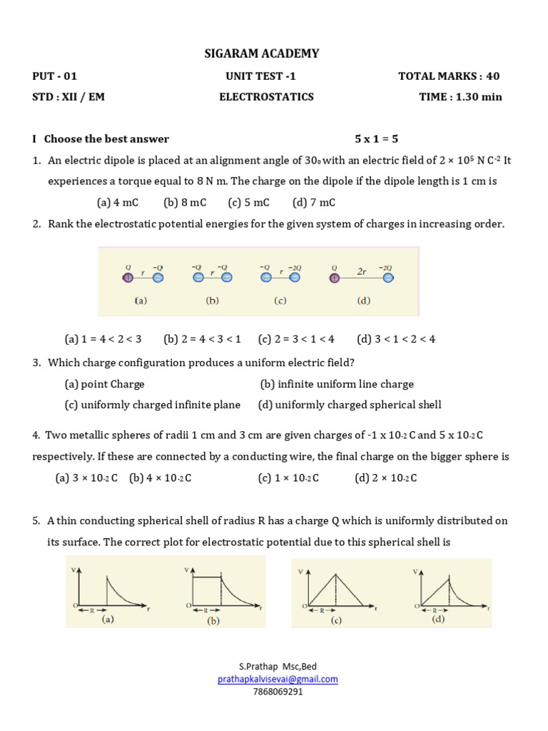 Namma Kalvi 12th Physics Unit 1 Unit Test Question Paper | PDF | Dipole ...