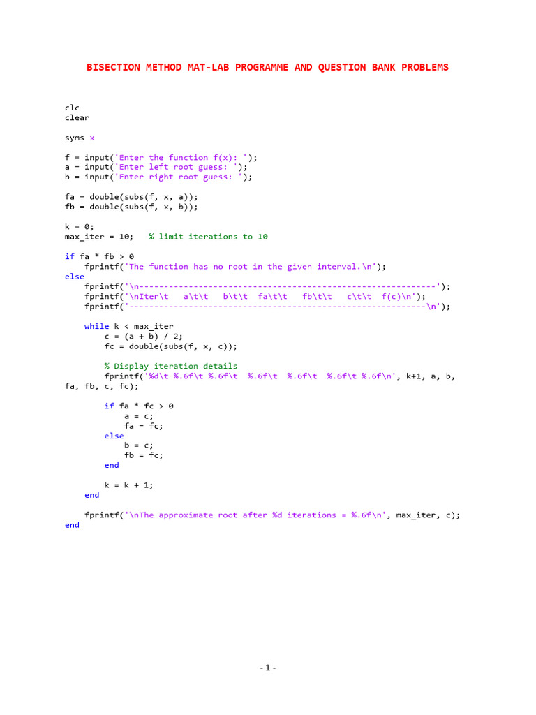 Bisection Method Mat-Lab Programme and Question Bank Problems | PDF ...