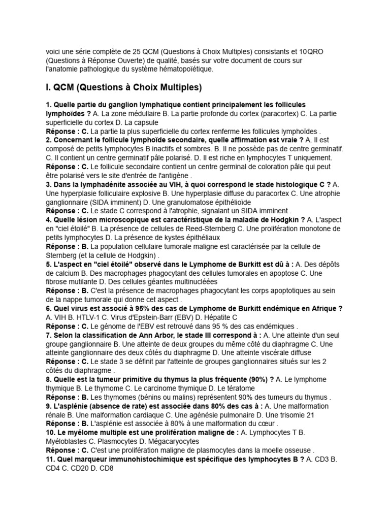 QST - Syst Hématopoïétique | PDF | Lymphome | Lymphocyte