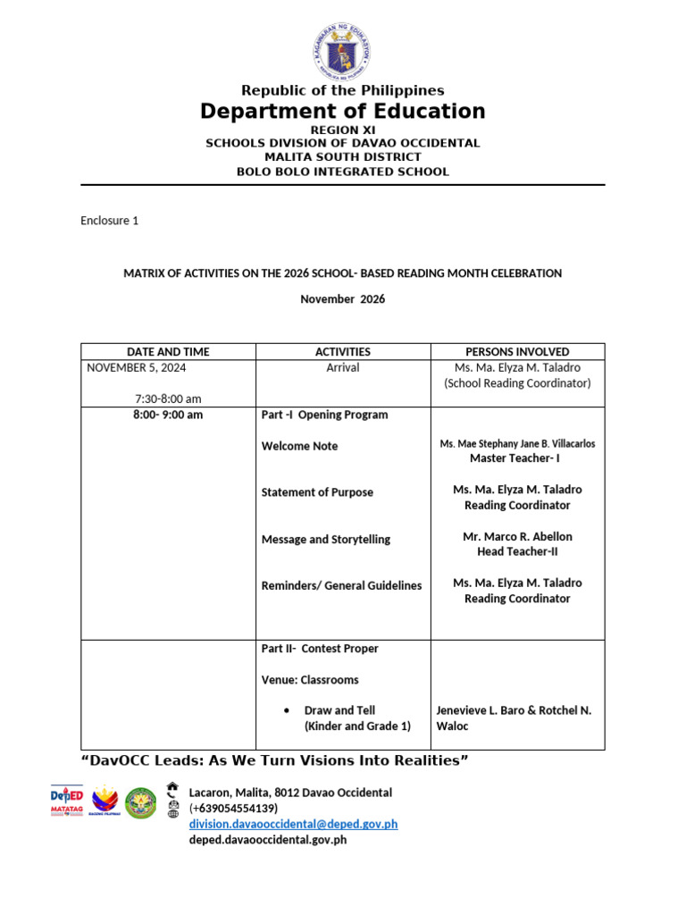 Matrix of Activity For Reading Month | PDF