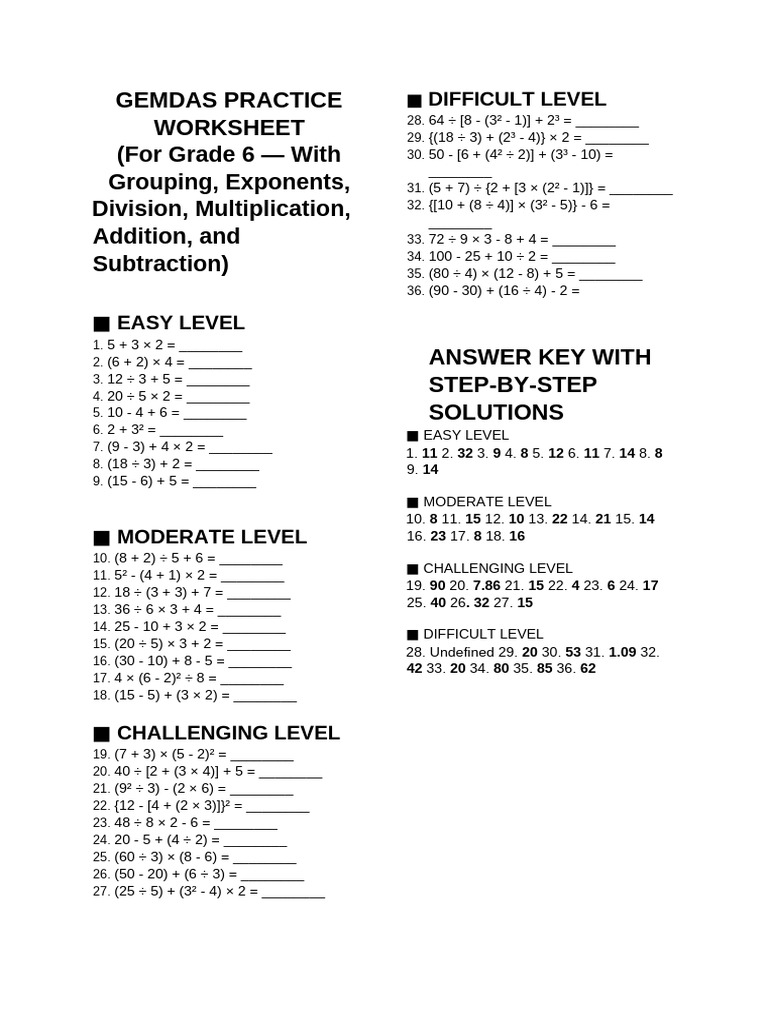 GEMDAS Worksheet With Answer Key Grade6 | PDF | Chess Theory | Chess