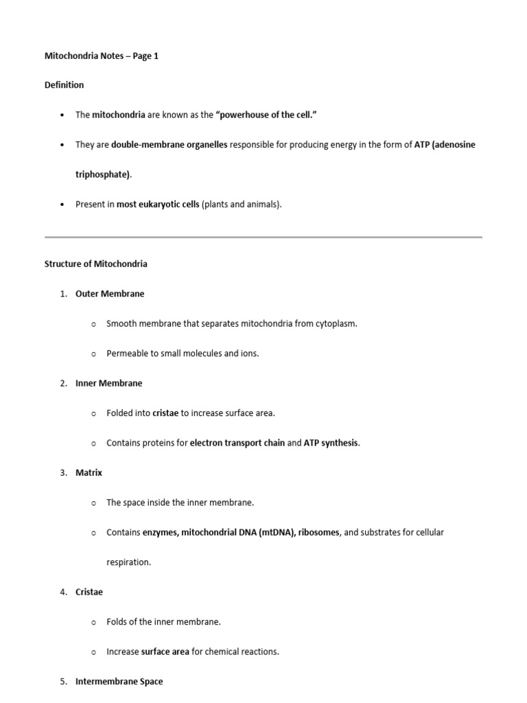Mitochondria Notes | PDF | Mitochondrion | Adenosine Triphosphate