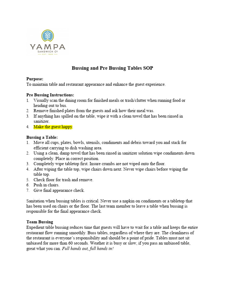 2 - Bussing Tables SOP | PDF