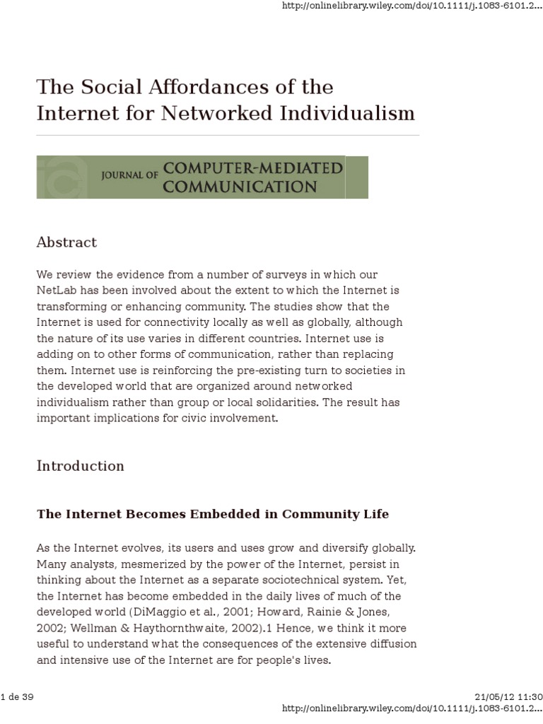 Social Affordances of The Internet Networked Individualism | PDF ...
