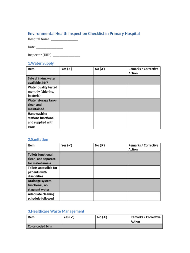 Environmental Health Checklist Primary Hospital | PDF | Hygiene ...