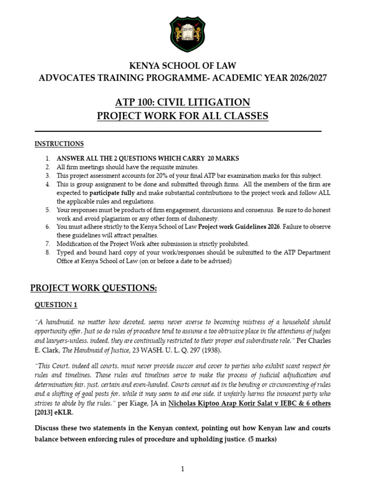 ATP 100 Civil Litigation Project Work 2026 - ALL CLASSES | PDF ...