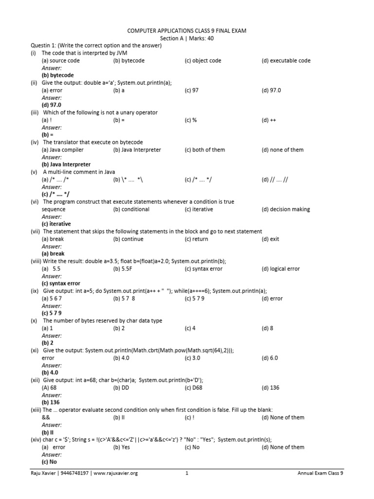 Computer Applications Class 9 Final Exam | PDF | Java (Programming ...