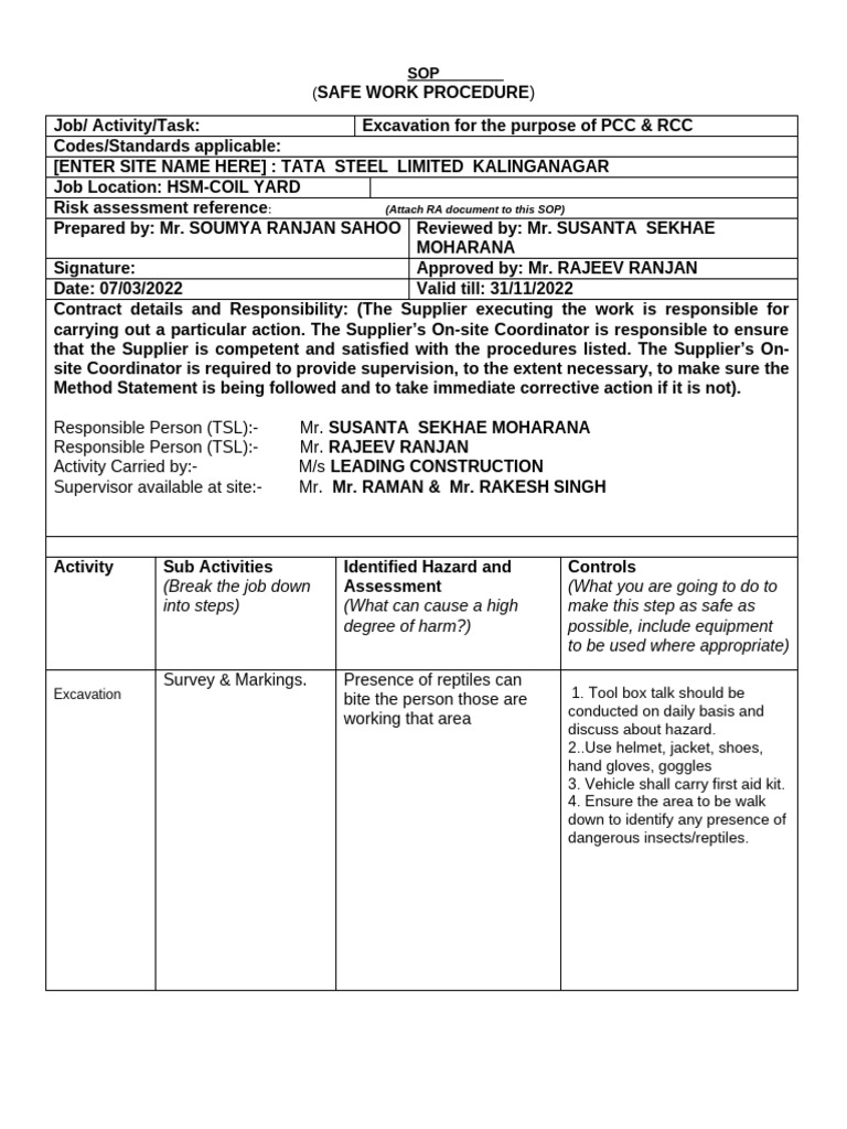Method Statement For Excavation | PDF | Personal Protective Equipment