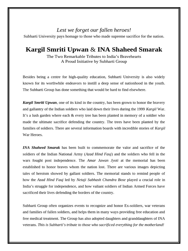 Write-Up For Kargil Shaheed Upwan & INA Shaheed Smarak | PDF