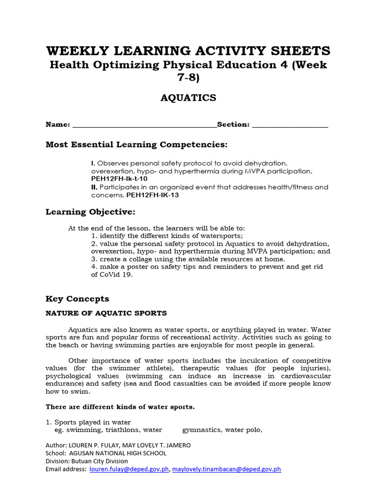 Q3 HOPE 4 Week 7 8 Aquatics 3 | PDF | Underwater Diving | Scuba Diving