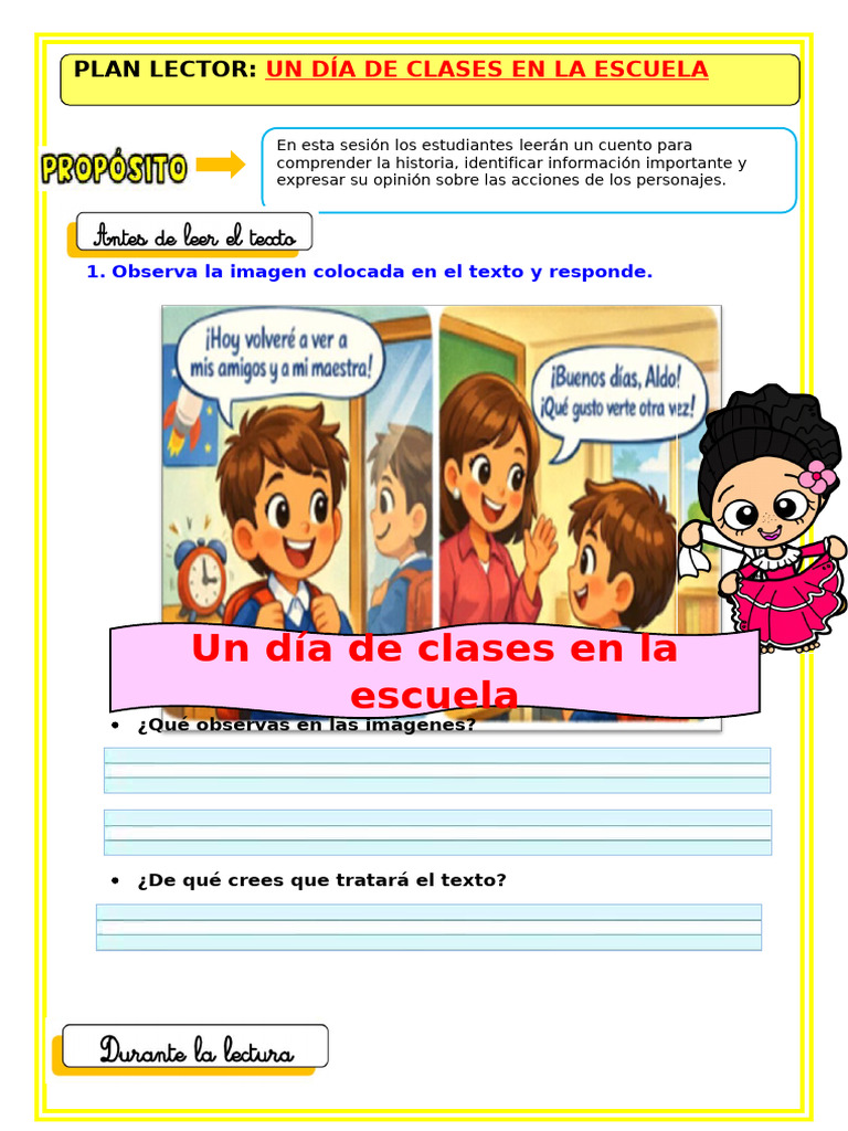 2° U0 S1 Ficha D4 Plan Lector Un Día de Clases en La Escuela | PDF