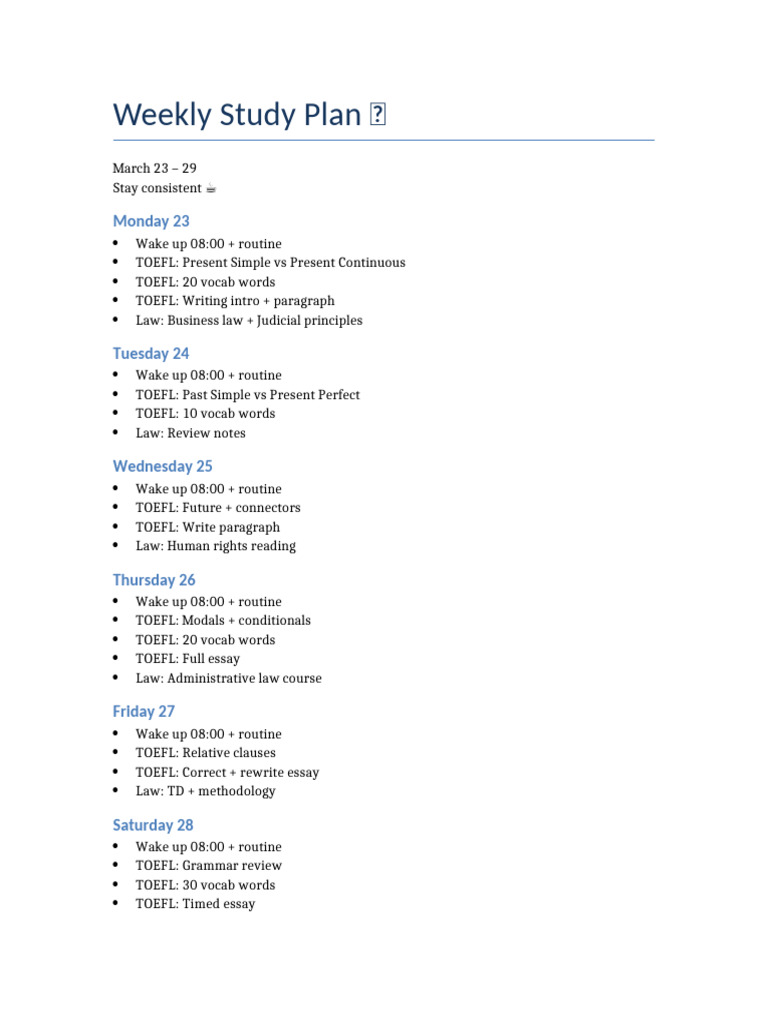 Weekly Study Plan | PDF